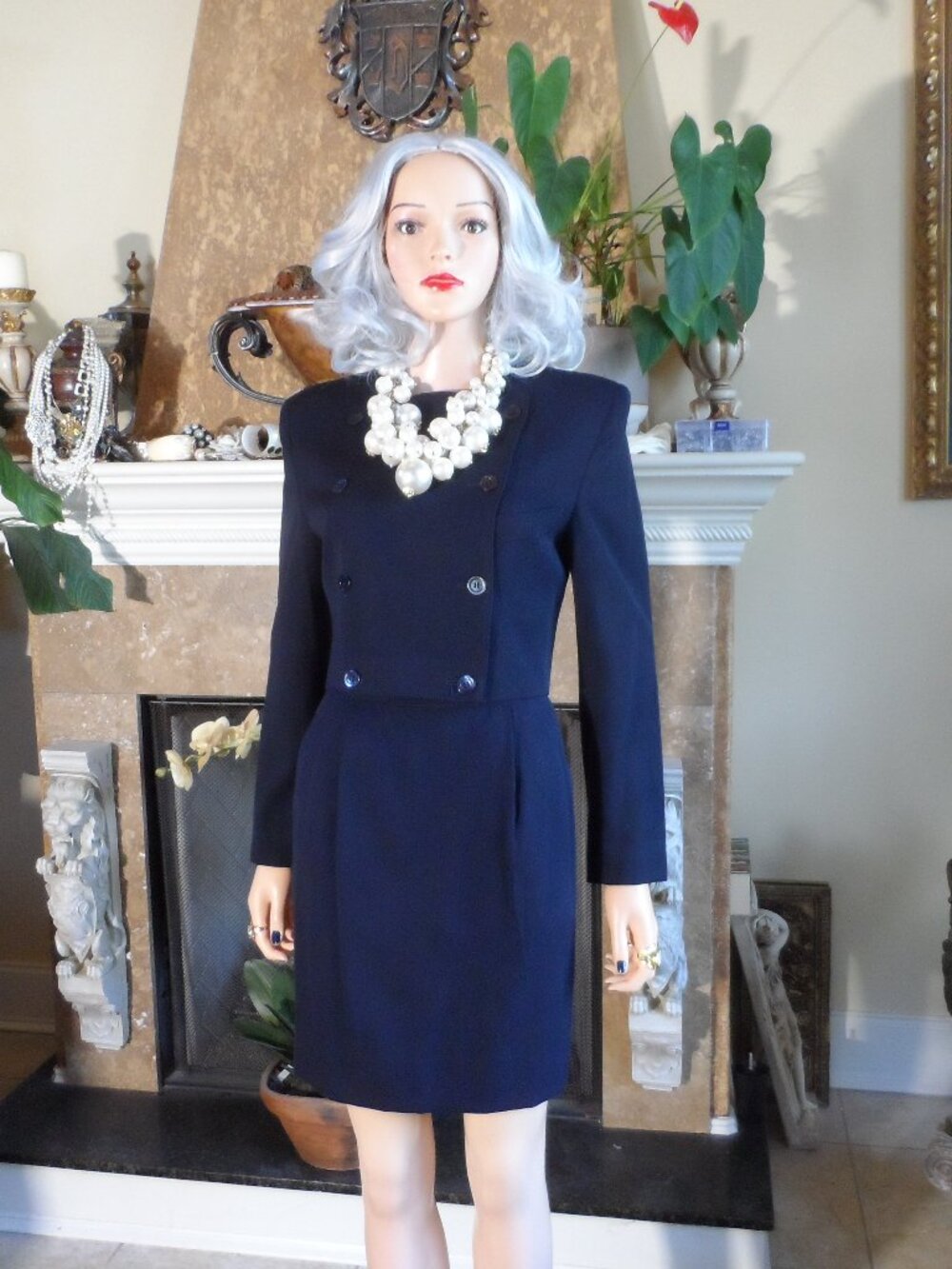 Mouche Navy Blue Double Breasted Skirt Suit Size 8 Italian Tailored Set